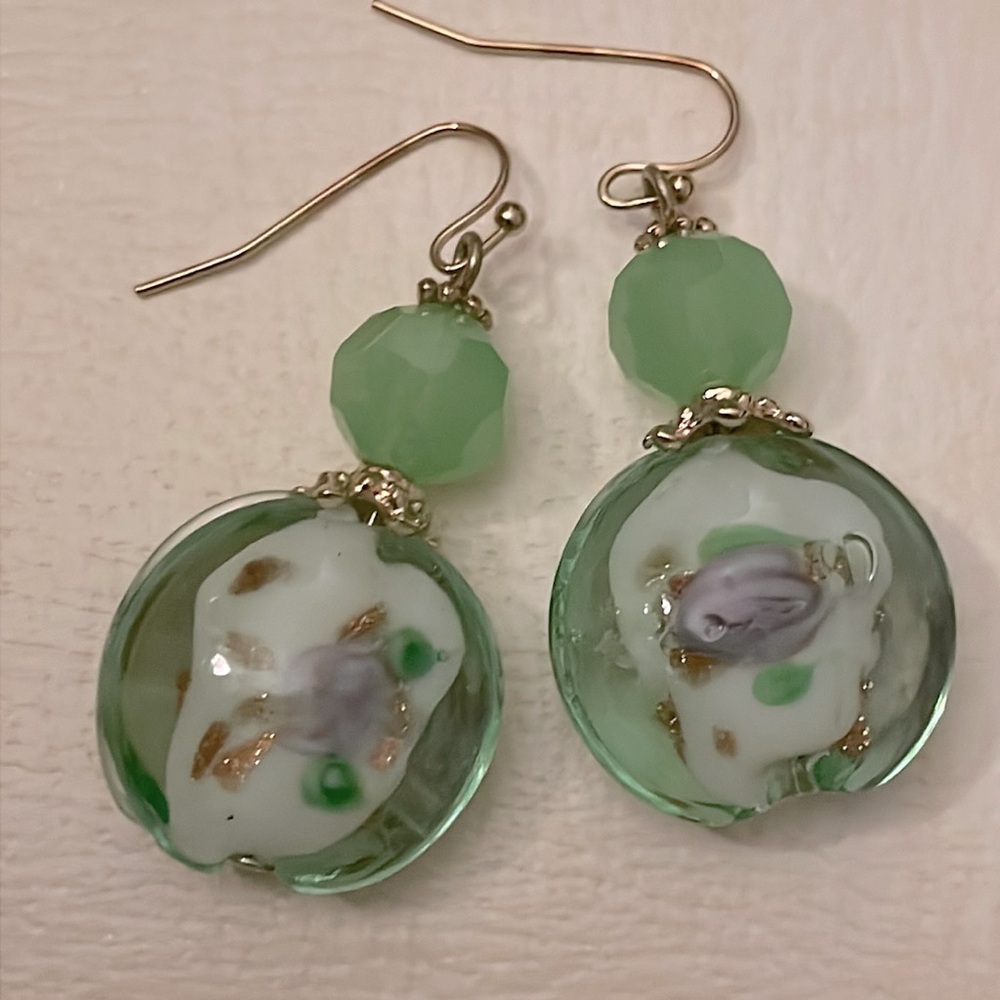 1928 Green, Pink & Gold Floral Art Glass Bead Earrings